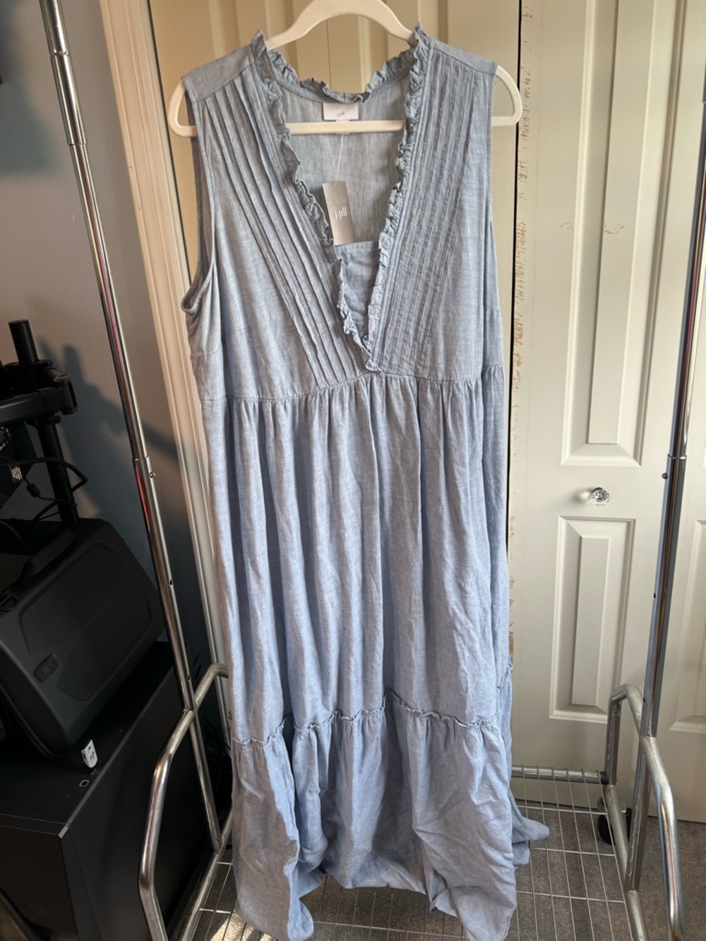 Light Blue Linen Ruffled V-Neck Maxi Dress